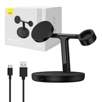 Baseus Swan 3-in-1 langaton magneettinen latausteline 20W musta universaali versio (sisältää: USB Type-C 3A 1m)