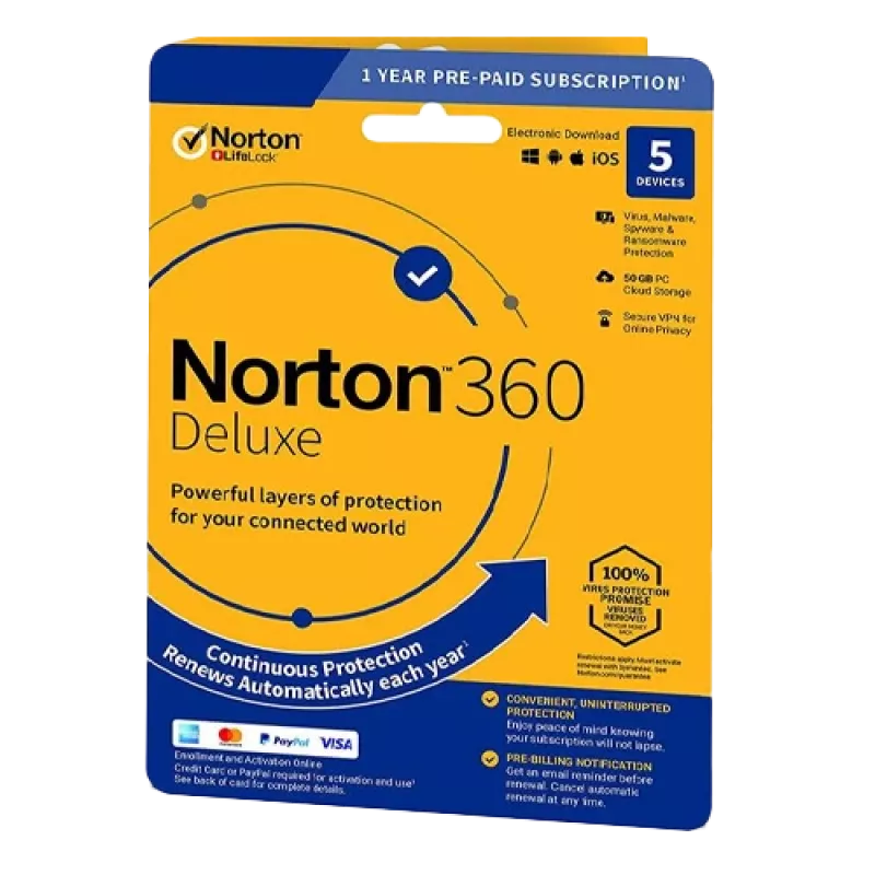 Norton 360 Deluxe | 5 laitetta | 1 vuosi | 50 GB pilvitallennustilaa | EU | EI TILAUSTA |
