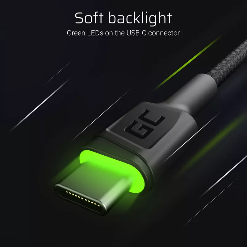Green Cell Ray KABGCSET02 USB-A–USB-C-kaapelisarja (3 kpl), 1,2 m, 480 Mbit/s, vihreä LED-taustavalo