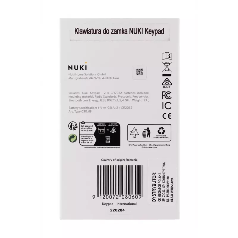 Älylukko NUKI — Bluetooth (5.0) IP65 koodilukko CR2032-paristot sisältyvät