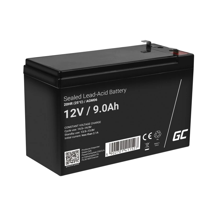 UPS-akku Green Cell AGM06 — 12 V 9 Ah lyijy-AGM (VRLA) 95 × 151 × 65 mm, 2,3 kg