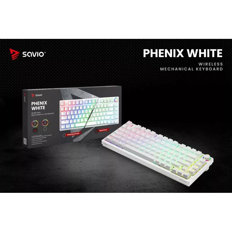 SAVIO PHENIX WHITE langaton mekaaninen näppäimistö, Gateron Red Pro, ABS