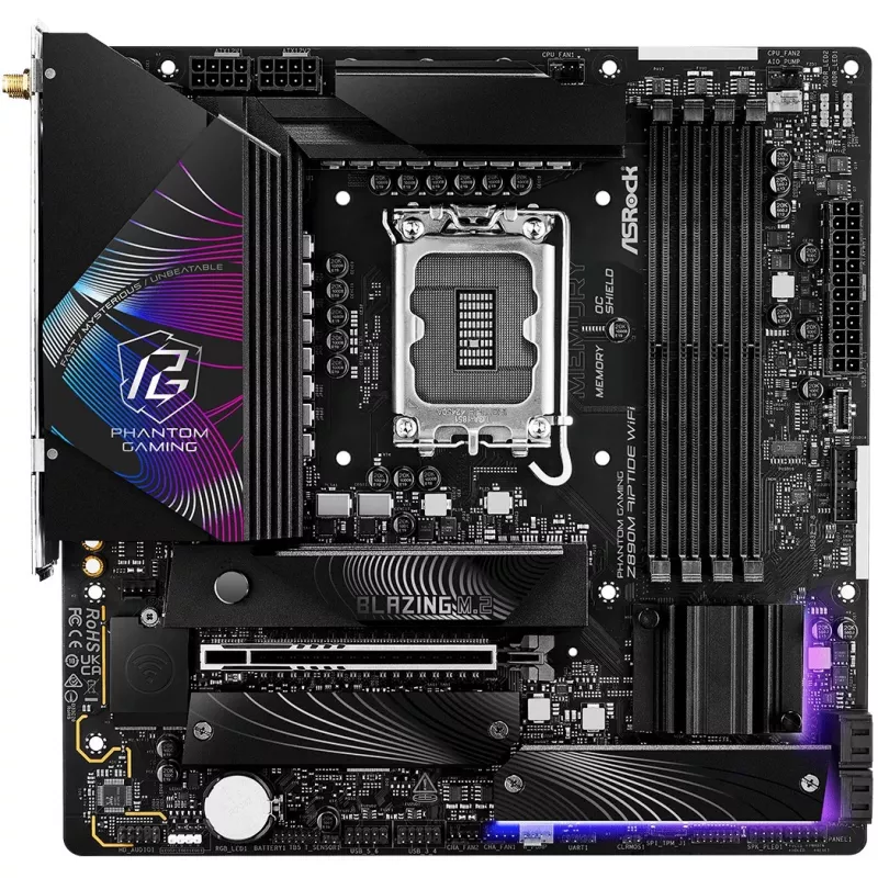 ASRock Phantom Gaming Z890M Riptide WiFi emolevy, Intel Z890, LGA1851, micro ATX, DDR5, enintään 256 GB, Wi-Fi 6E, Bluetooth, 5GbE LAN, USB4