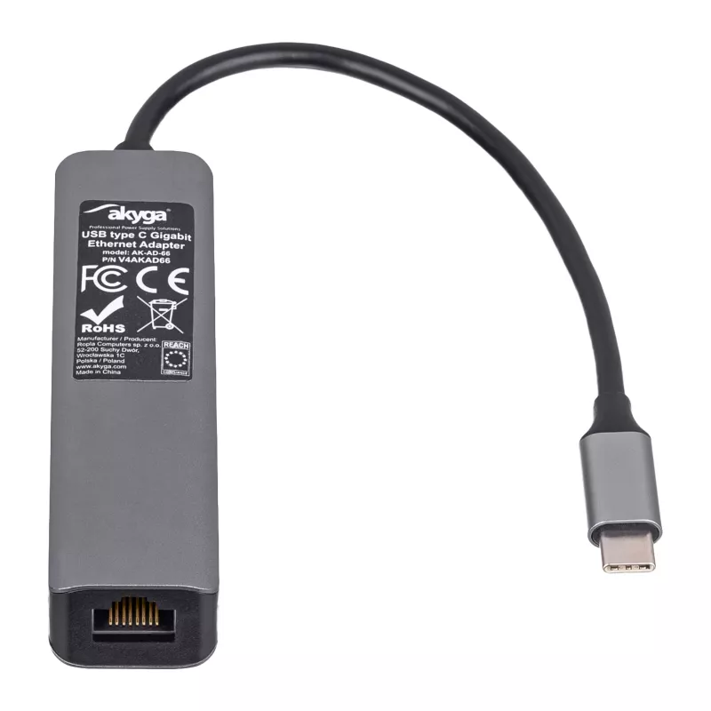 Akyga AK-AD-66 USB-C-keskitin, 3x USB 3.0 ja Gigabit Ethernet, 15 cm, musta