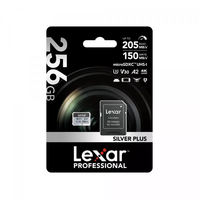 Muistikortti microSD 256GB C10 A2 U3 V30 205/150MB/s Silver Plus