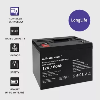Qoltec AGM-akku | 12V | 80Ah | 23.5kg | huoltovapaa | tehokas | LongLife | UPS-, matkailuauto-, vene- ja lämmitinkäyttöön