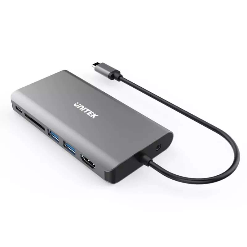 UNITEK uHUB O8+ johdollinen USB 3.2 Gen 1 Type-C -keskitin, harmaa, 100W Power Delivery