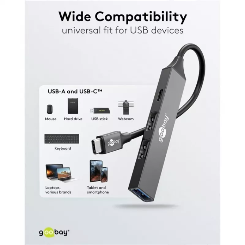 Goobay Slim 4-porttinen USB-keskitin, USB-C™–USB-C™/USB-A, USB 3.2 (74459)