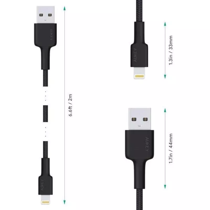 AUKEY CB-AL05 Lightning–USB-A MFi-nailonkaapeli, 2 m, musta