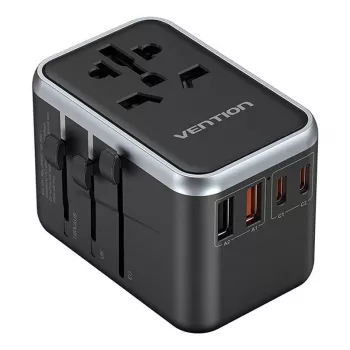 Vention matkasovitin FJFB0 65W — 2× USB-C PD/PPS, 2× USB-A (QC/BC), HDMI-lähtö, alumiini/musta