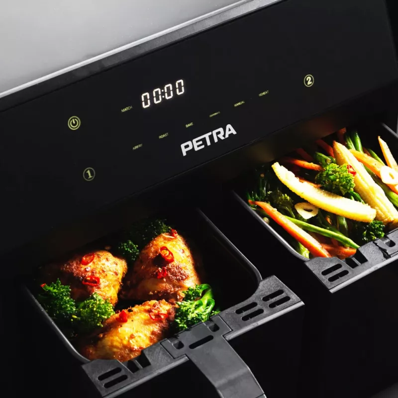 Kuumailmafriteerauskeitin Petra PT4750BLKVDEEU7, kahden kammion, 3,7 L tilavuus, musta