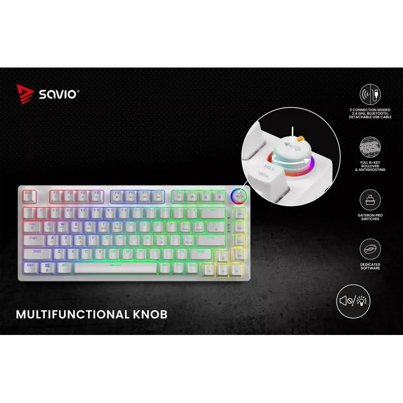 SAVIO PHENIX WHITE langaton mekaaninen näppäimistö, Gateron Red Pro, ABS