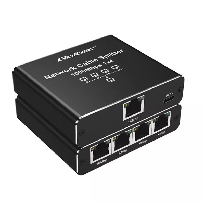 Ethernet-minikytkin QOLTEC 52293 1x4 RJ45, hallitsematon verkkohaaroitin 1-in 4-out