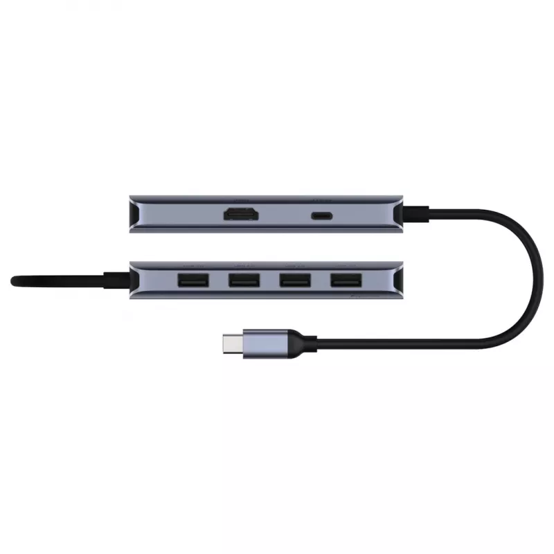 USB-C-keskitin Cudy UH500 — USB 3.2 Gen 1 Type-C-isäntä, 6 liitäntää USB 3.2 Gen 1 Type-A ja HDMI, 5000 Mbit/s, harmaa/hopea