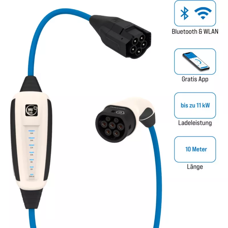 NRGkick 17101000 mobiili latausasema 16A Pure, 11 kW, 10 m kaapeli, Type 2, Wi-Fi + Bluetooth, valkoinen