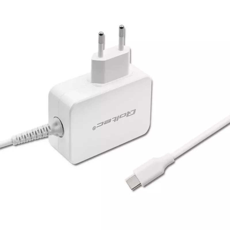 Qoltec 51039 65 W USB-C PD -virtalähde, 5–20,3 V, 2–3,25 A, sisäänrakennettu USB-C-kaapeli, valkoinen