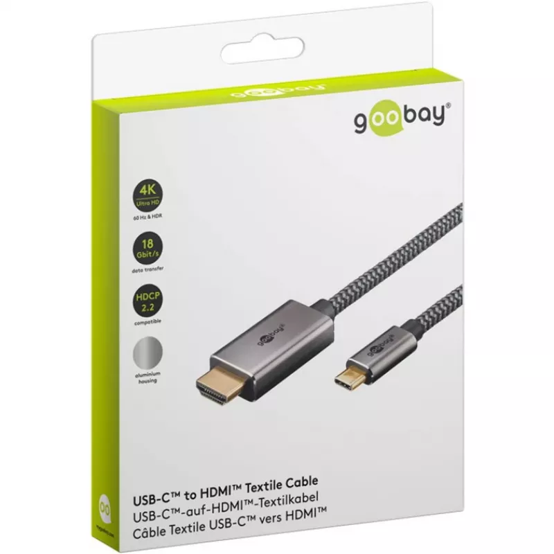 USB-punottu adapterikaapeli, USB-C-uros > HDMI-uros, 4K / 60 Hz (musta/hopea, 2 metriä)