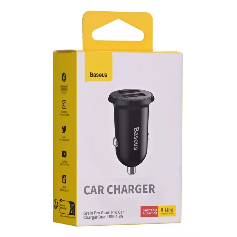Autolaturi Baseus Gain Pro yleinen musta – 2× USB 2.0, 2,4 A per portti, tulo 12–24 V, lähtö 5 V
