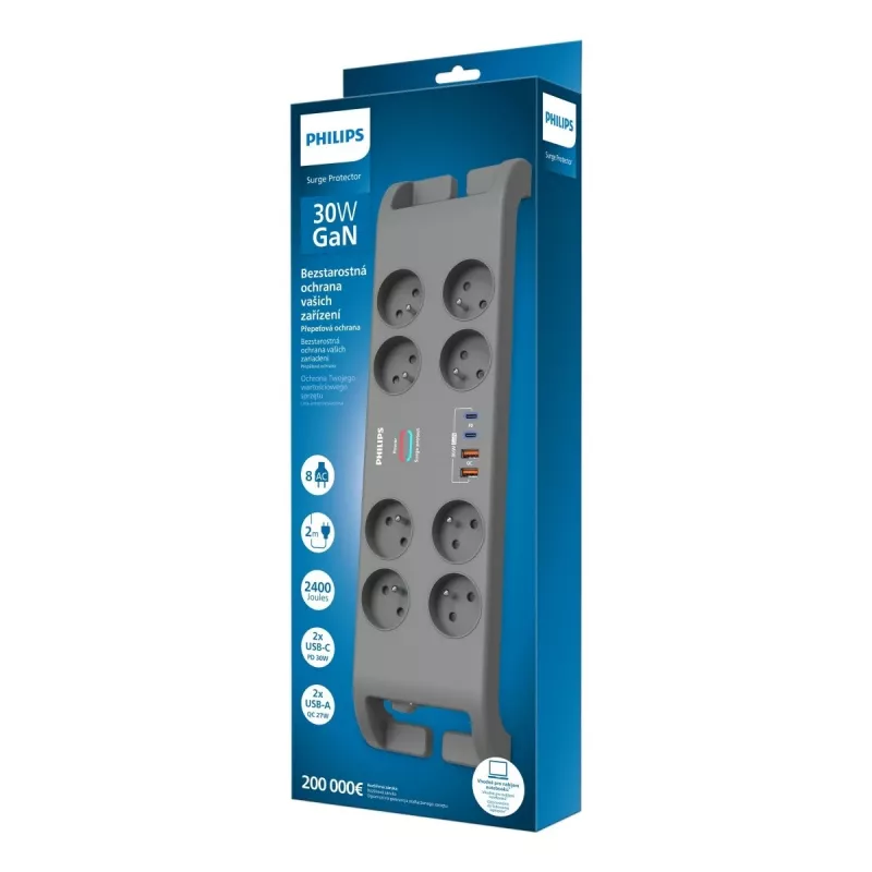 Ylijännitesuojattu jatkojohto Philips 8 pistorasialla ja 4×USB