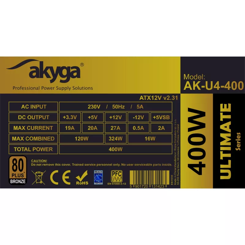Akyga AK-U4-400 Ultimate 400 W ATX-virtalähde, 80 PLUS Bronze, aktiivinen PFC, 120 mm tuuletin