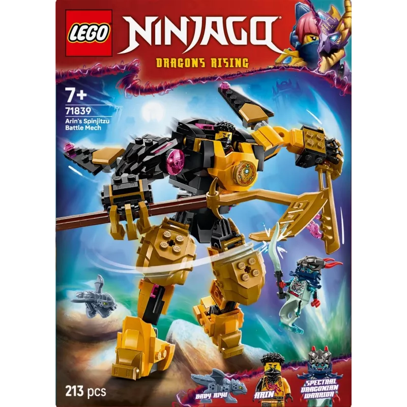 LEGO rakennussarja NINJAGO 71839 Arinin Spinjitzu taistelumech, 213 osaa, 2 minihahmoa, korkeus 160 mm