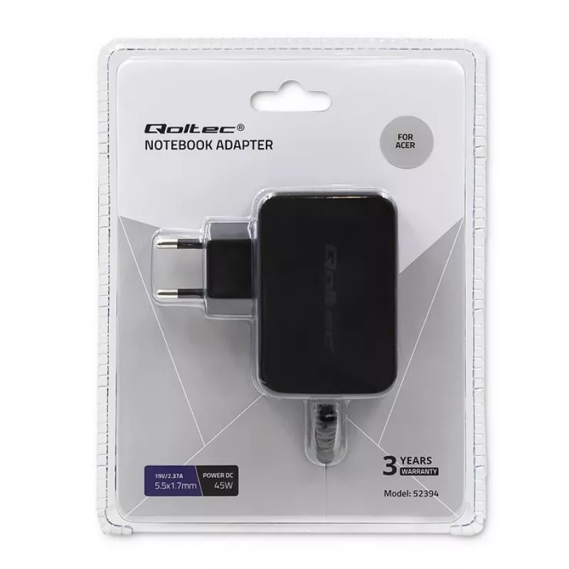 Virtalähde QOLTEC 45W 19V 2,37A 5,5x1,7 mm liittimellä