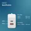 AC sisäkäyttöön USB GaN -laturi DIGITUS DA-10301 — 30W, 1× USB-C, 1× USB-A, 100–240V, valkoinen