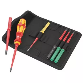 Wera 05006603001 Kraftform Kompakt VDE 7 extra slim 1 Tool Finder ruuvimeisselisarja, 7-osainen, 817 VDE Kraftform-vaihtoteränpidin + 6 erittäin ohutta VDE-vaihtoterää, IEC 60900, vyölaukulla