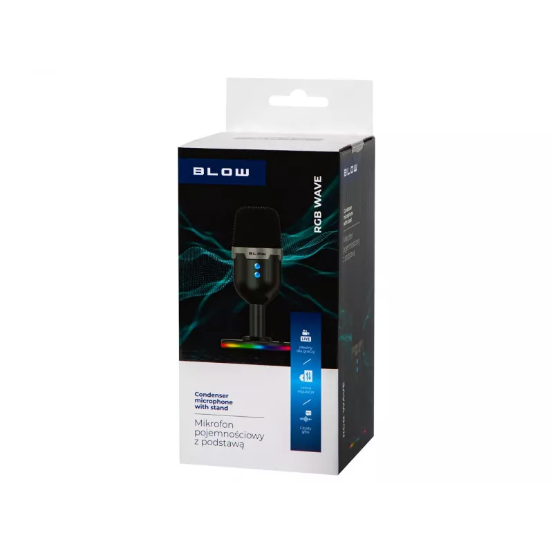 Studiomikrofoni BLOW LED-telineellä — johdollinen USB 2.0, 20–16000 Hz, herkkyys -50 dB, 237 g