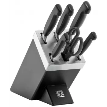 Veitsi-/veitsitukkisetti ZWILLING 35145-007-0 – 7-osainen kokkiveitsi, kuorimaveitsi, leipäveitsi, keittiösakset, musta tuki