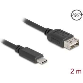 DELOCK USB 2.0 kaapeli 2 m — USB C – USB A, 0,48 Gbit/s, kullatut kontaktit, musta
