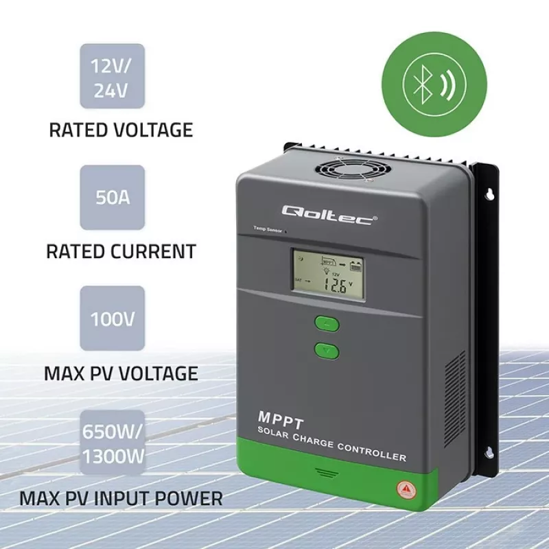 Aurinkolataussäädin QOLTEC MPPT 50A 12V/24V LCD:llä, malli 53664