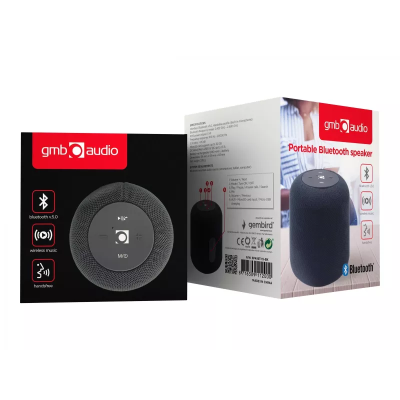 Mono kannettava kaiutin Gembird SPK-BT-15-BK — 5 W RMS, Bluetooth, MicroSD, 1200 mAh, musta