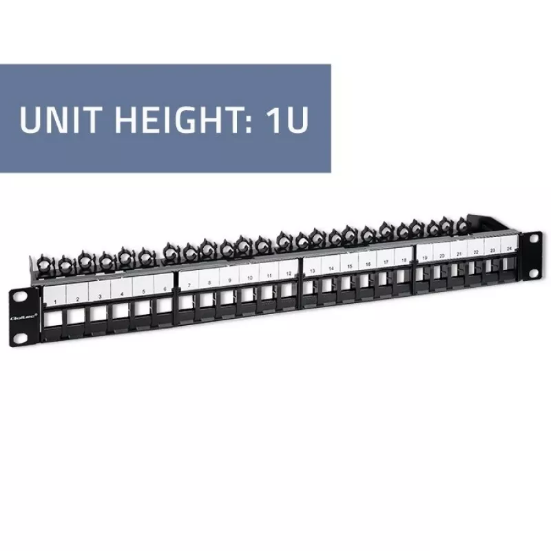Qoltec 54516 19 tuuman räkin kytkentäpaneeli, 24 porttia, 1U, UTP, musta