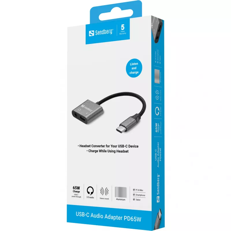 USB-C-audiosovitin SANDBERG PD65W 136-67 USB-C PD -läpiviennillä