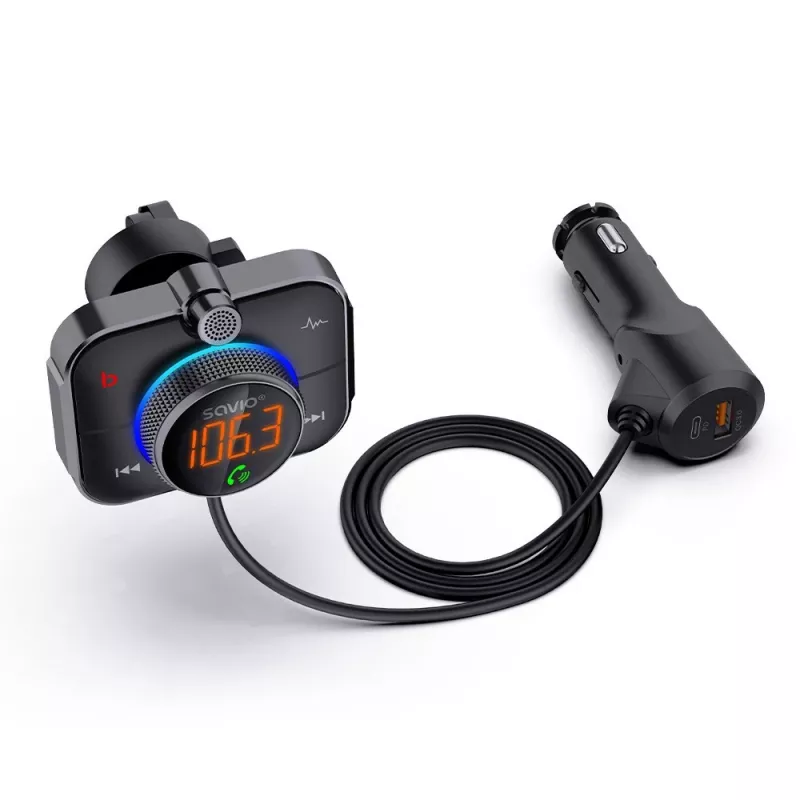 FM-lähetin SAVIO TR-14 Bluetooth USB, FM 87,6–107,9 MHz, MicroSD, USB-C, 12 V autovirtalähde