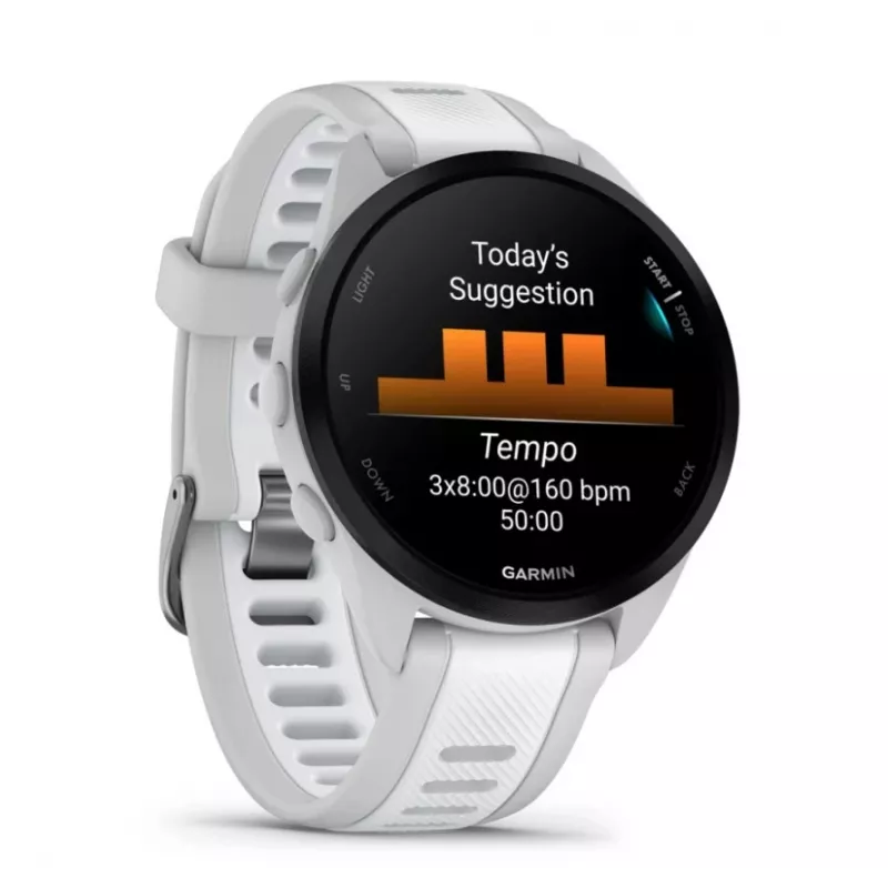 Älykello GARMIN Forerunner 165 — GPS, AMOLED 1,2 inch, 4 GB, 5 ATM, 11 päivän akku, harmaa kotelo, valkoinen ranneke