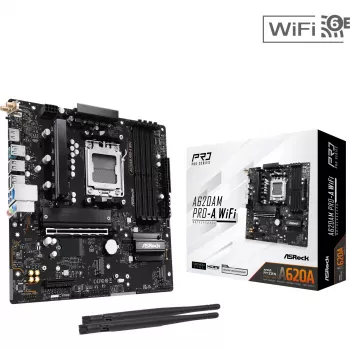 Emolevy ASRock A620AM Pro-A WiFi AM5 mATX — AMD A620, kanta AM5, DDR5 jopa 256 GB, Wi‑Fi 6E, 2.5Gb LAN, HDMI 2.1