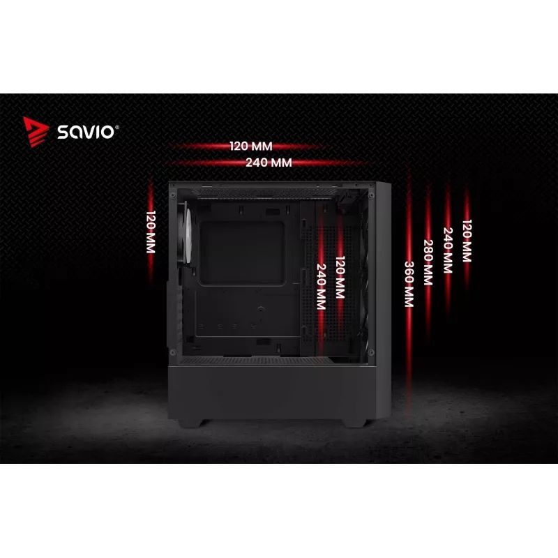 PC-kotelo SAVIO Noctis Flow RGB — Cube, ATX/Mini-ITX, 3x 120 mm etutuulettimet, karkaistu lasisivupaneeli, max. GPU 35 cm