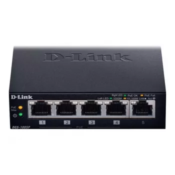 D-Link DGS-1005P/E -verkkokytkin, hallitsematon, Gigabit Ethernet (10/100/1000), Power over Ethernet (PoE), musta