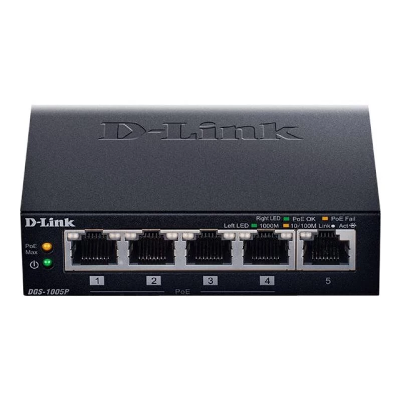 D-Link DGS-1005P/E -verkkokytkin, hallitsematon, Gigabit Ethernet (10/100/1000), Power over Ethernet (PoE), musta