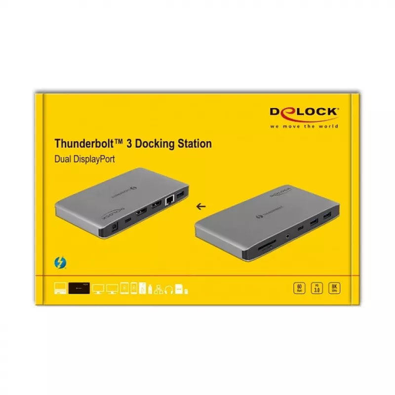 Telakointiasema DeLOCK Thunderbolt 3 8K Dual DisplayPort USB LAN SD ääni PD 3.0