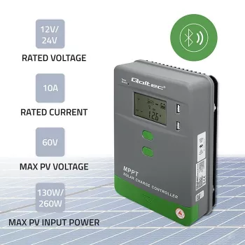 MPPT aurinkolataussäädin QOLTEC 10A 12V/24V järjestelmiin LCD-näytöllä