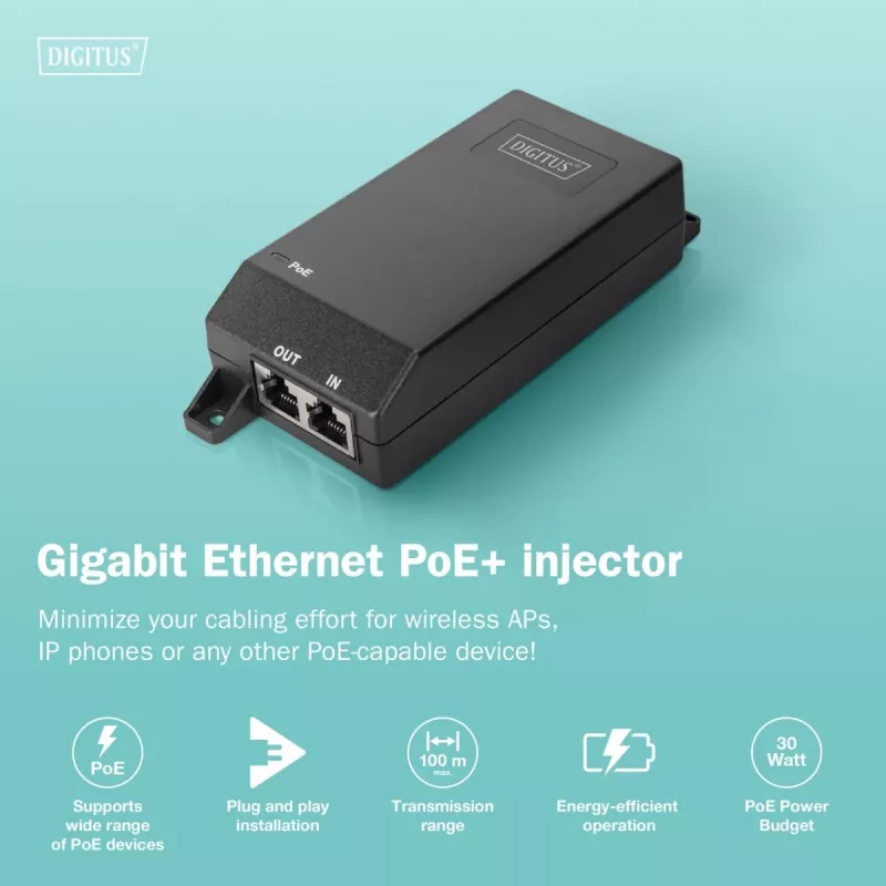 Digitus Gigabit Ethernet PoE+ -injektori 802.3at 30 W musta