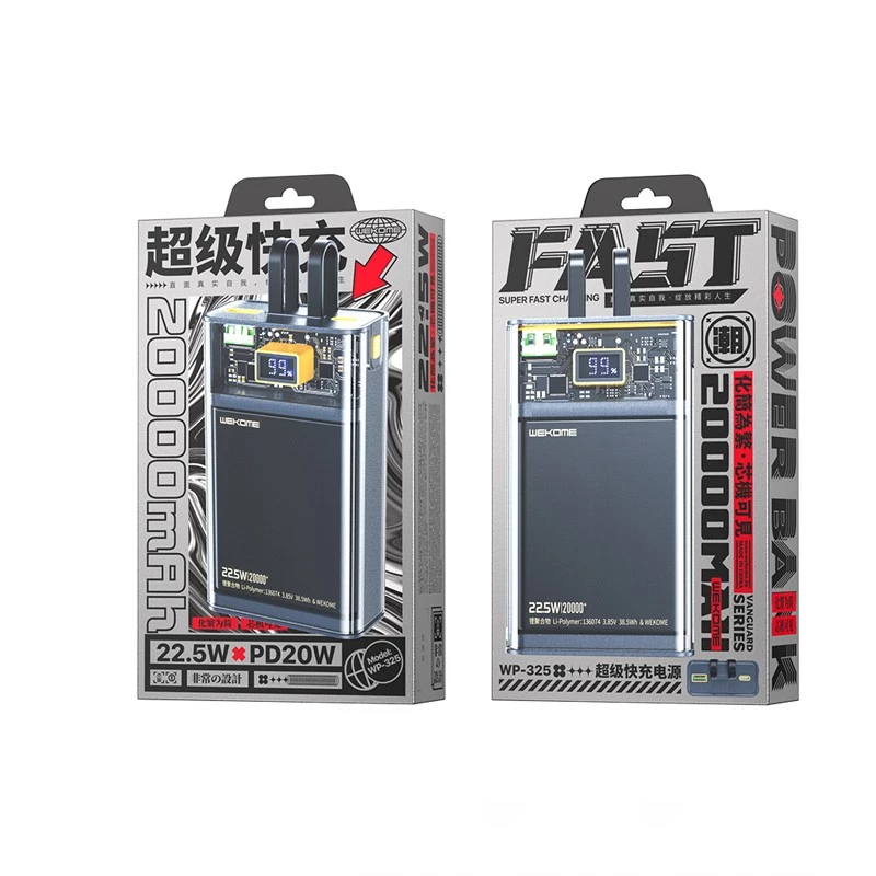 WEKOME WK-WP-325 Vanguard-sarjan varavirtalähde, 20000 mAh, sisäänrakennettu USB-C- ja Lightning-kaapeli, PD 20 W + QC 22,5 W