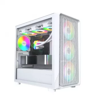 PC-kotelo Montech X5M (W) Micro Tower, valkoinen — Micro-ATX/Mini-ITX, tukee ATX-virtalähteitä, 3x 120 mm edessä, 1x 120 mm takana, 2x 3,5