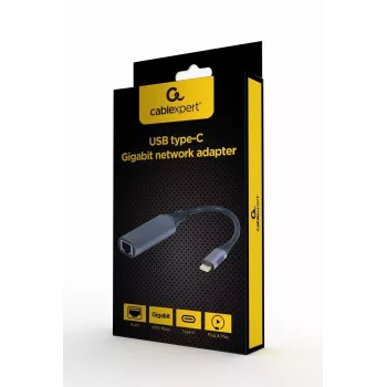 Verkkosovitin Gembird A-USB3C-LAN-01 Type-C USB 3.2 Gen 1, Gigabit RJ-45, 0,15 m kaapeli, metallikotelo, harmaa/musta