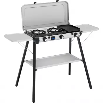 Camping Kitchen 2 Multi Cook Plus, kaasukeitin harmaa, 2 keittovyöhykettä 2x 1,8 kW + grillilevy 0,9 kW, malli 2025