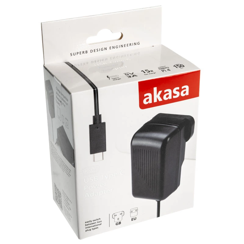 Sisäkäyttöinen AC-pikalaturi Akasa AK-PK15-02CM — 15W, USB-C 3A, 1.5 m kaapeli, musta