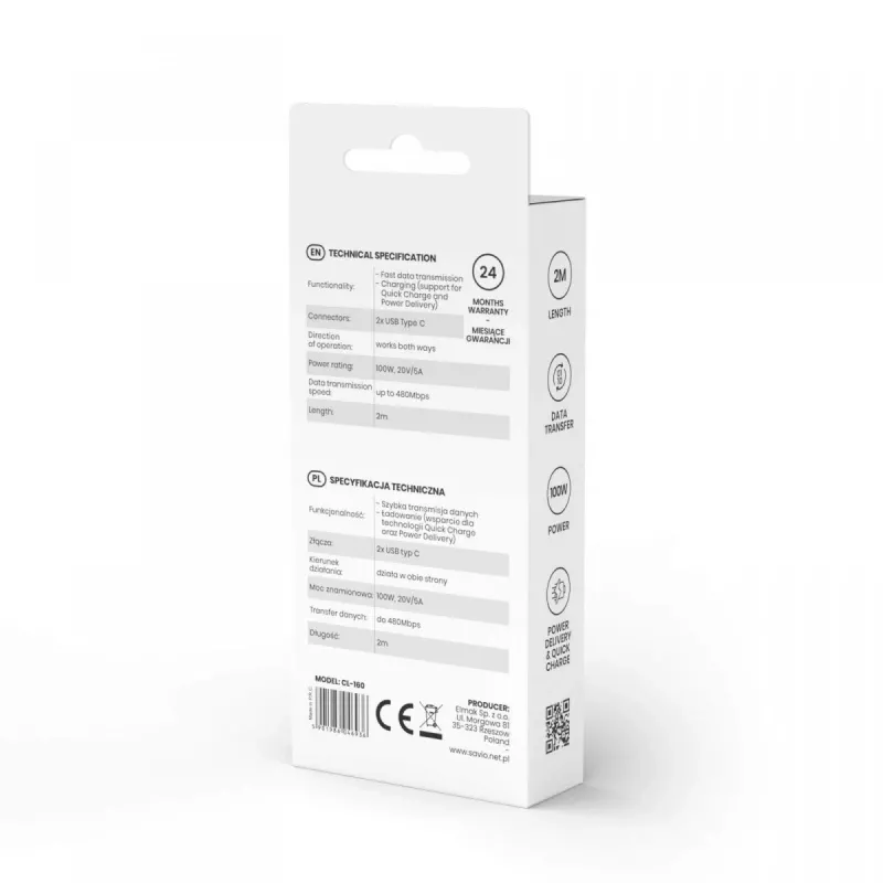 Savio CL-160 USB-kaapeli 2 m USB 2.0 USB C - USB C musta